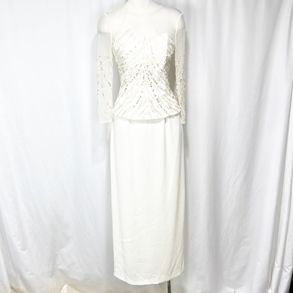 Jovani Beaded Sweetheart Neckline Illusion Long Sleeve Evening Gown siz 10 Cream